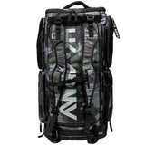 Back of Black green and grey camo print with white logo HK Army Paintball Expand 75L Roller Gear bag Shroud Forest with handle and wheels on a white background