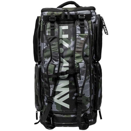 Back of Black green and grey camo print with white logo HK Army Paintball Expand 75L Roller Gear bag Shroud Forest with handle and wheels on a white background