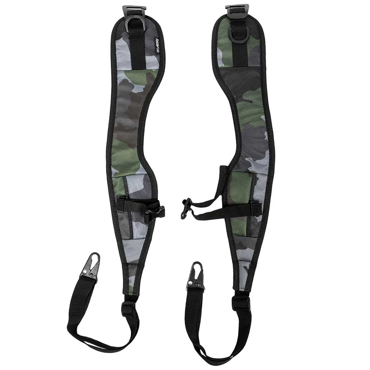 Straps used to make the  Black green and grey camo print HK Army Paintball Expand 75L Roller Gear bag Shroud Forest into a backpack on a white background