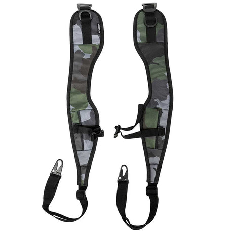 Straps used to make the  Black green and grey camo print HK Army Paintball Expand 75L Roller Gear bag Shroud Forest into a backpack on a white background