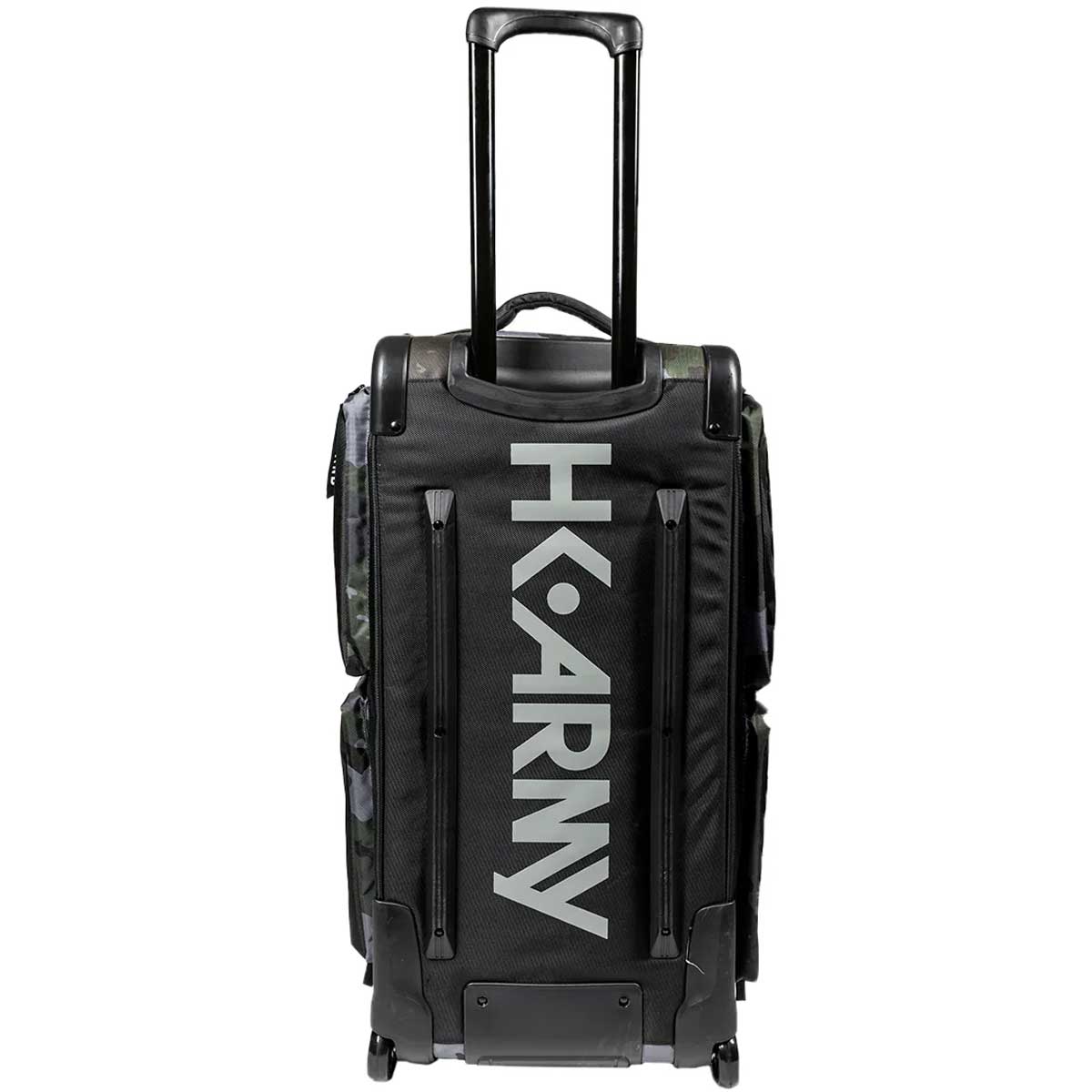 Back of Black green and grey camo print with white logo HK Army Paintball Expand 75L Roller Gear bag Shroud Forest with handle and wheels on a white background