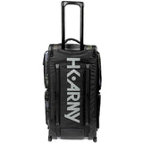Back of Black green and grey camo print with white logo HK Army Paintball Expand 75L Roller Gear bag Shroud Forest with handle and wheels on a white background