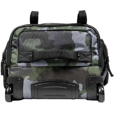Bottom of Black green and grey camo print with skid plate HK Army Paintball Expand 75L Roller Gear bag Shroud Forest on a white background