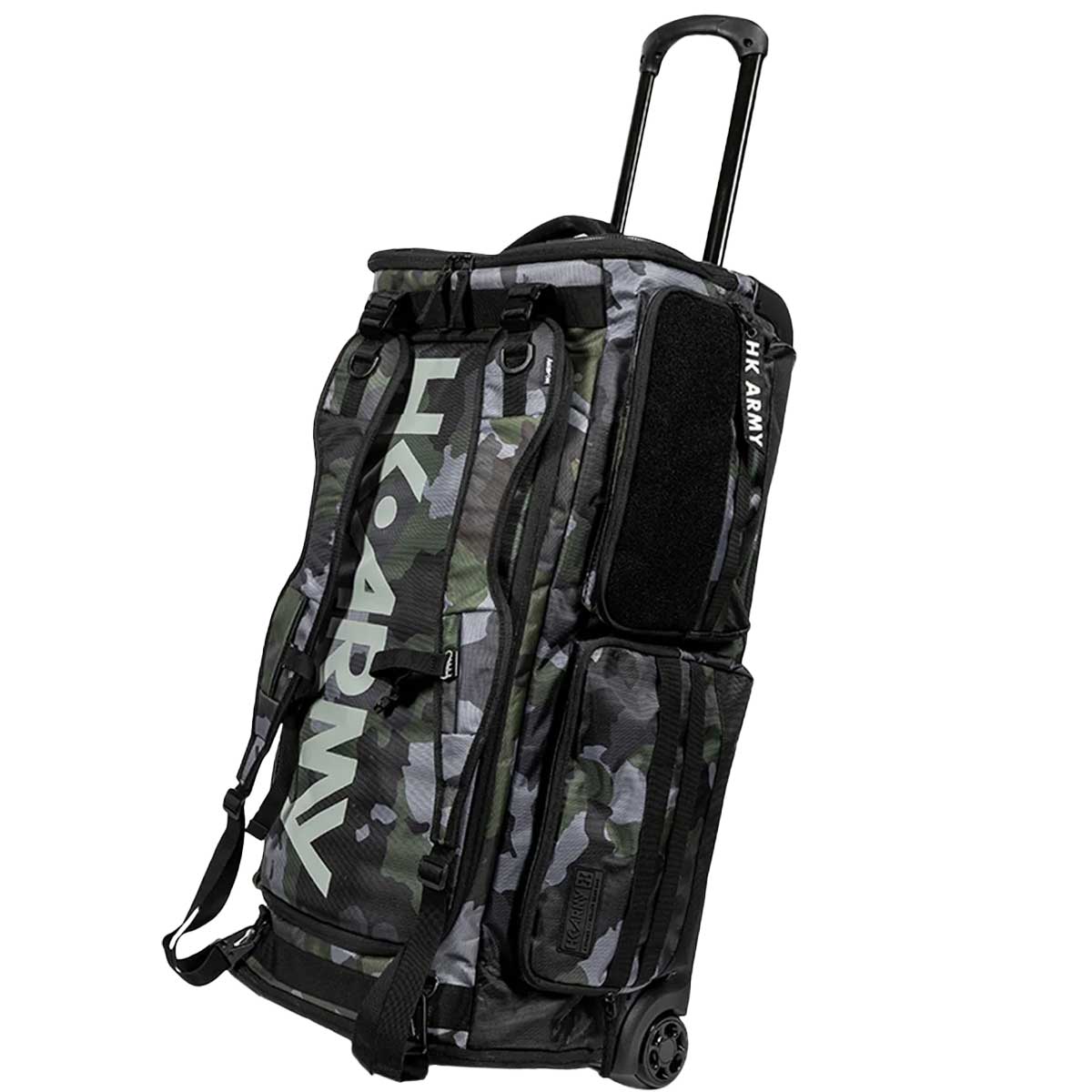 Black green and grey camo print with white logo HK Army Paintball Expand 75L Roller Gear bag Shroud Forest with extended handle and wheels on a white background