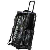 Black green and grey camo print with white logo HK Army Paintball Expand 75L Roller Gear bag Shroud Forest with extended handle and wheels on a white background