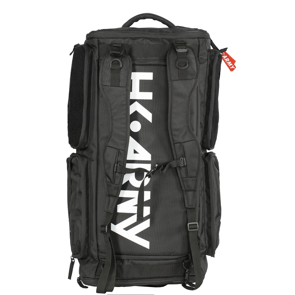 Back of All Black with white logo HK Army Paintball Expand 75L Roller Gearbag Stealth with extended handle and wheels on a white background.