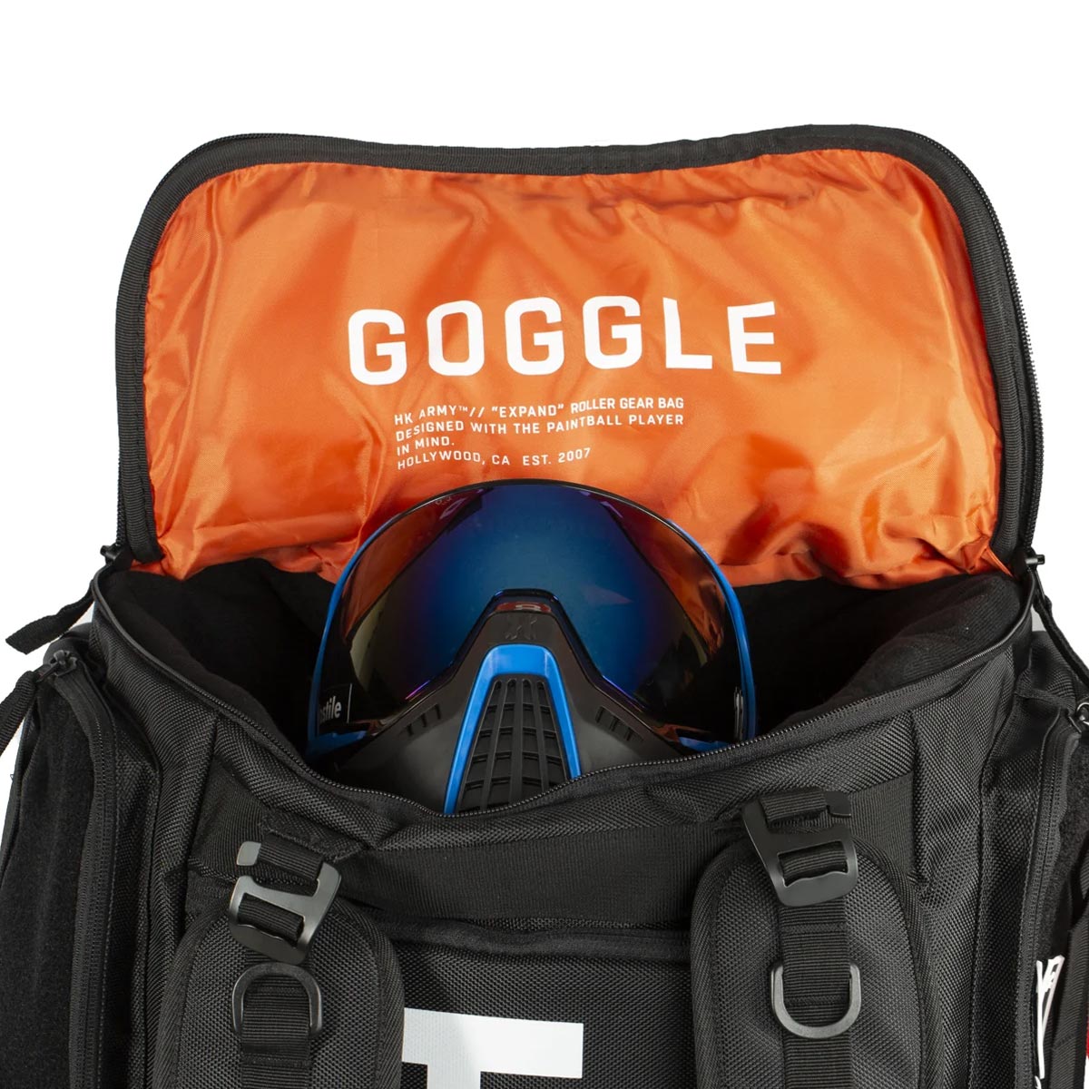 Goggle compartment of All Black with white logo HK Army Paintball Expand 75L Roller Gear bag Stealth on a white background.