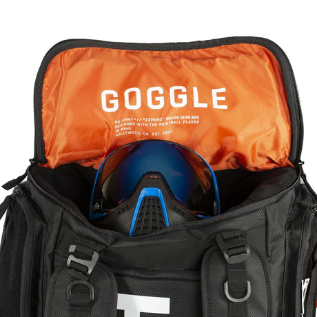 Goggle compartment of All Black with white logo HK Army Paintball Expand 75L Roller Gear bag Stealth on a white background.