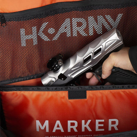 Marker compartment  of All Black with white logo HK Army Paintball Expand 75L Roller Gear bag Stealth