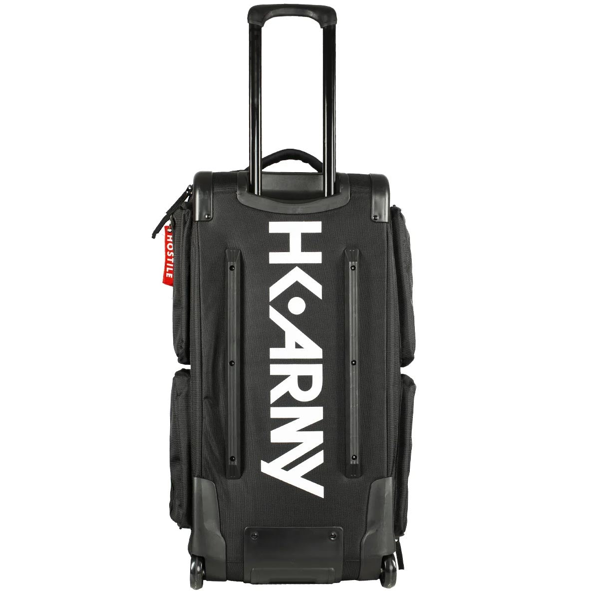 Back side of All Black with white logo HK Army Paintball Expand 75L Roller Gearbag Stealth with extended handle and wheels on a white background.
