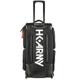 Back side of All Black with white logo HK Army Paintball Expand 75L Roller Gearbag Stealth with extended handle and wheels on a white background.