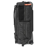 Side view All Black with white logo HK Army Paintball Expand 75L Roller Gearbag Stealth with extended handle and wheels on a white background.