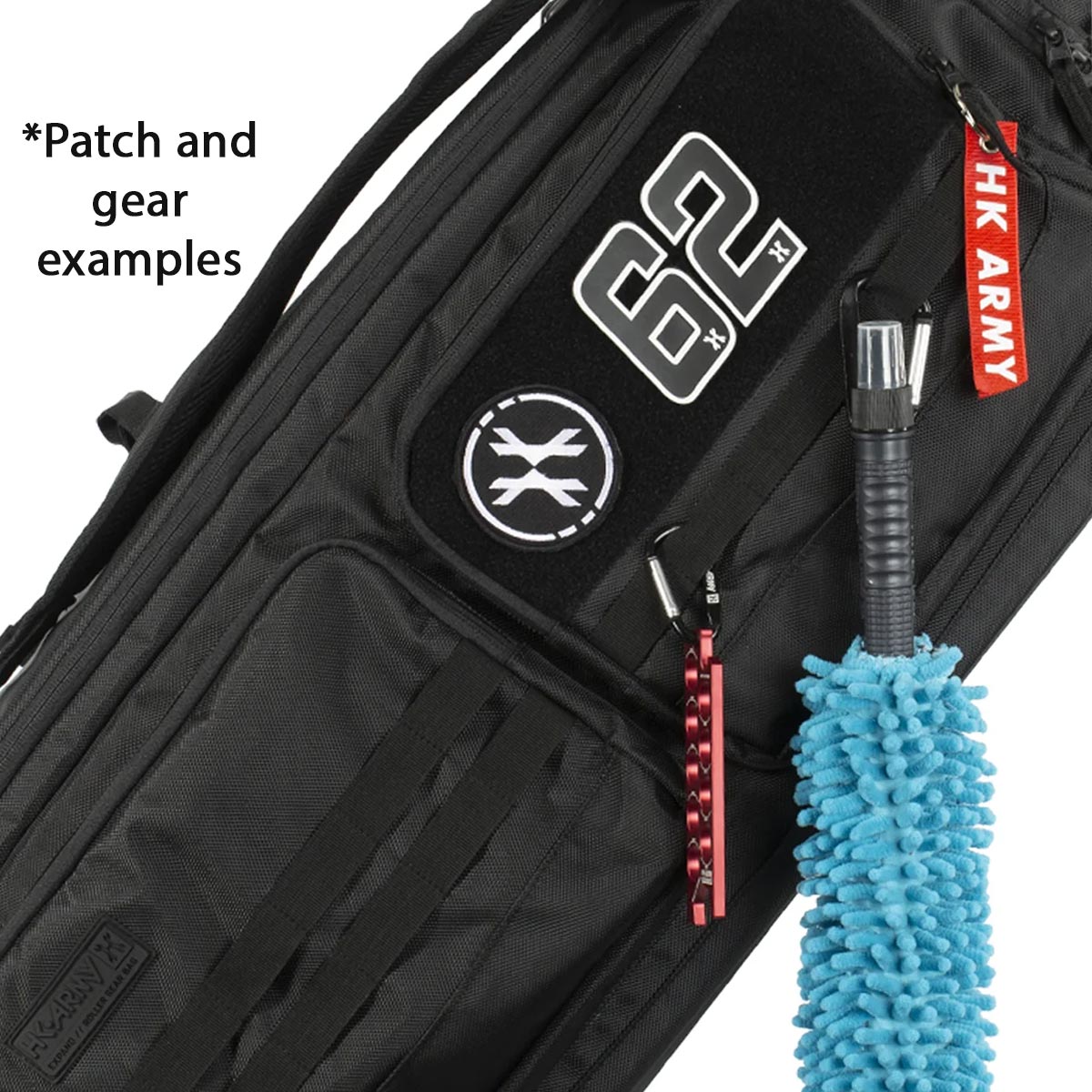 All Black with white logo HK Army Paintball Expand 75L Roller Gearbag Stealth with patch and gear examples on a white background.