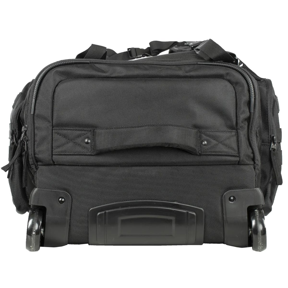 Bottom of All Black with white logo HK Army Paintball Expand 75L Roller Gearbag Stealth with skid plate and wheels on a white background.