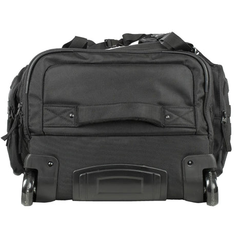 Bottom of All Black with white logo HK Army Paintball Expand 75L Roller Gearbag Stealth with skid plate and wheels on a white background.