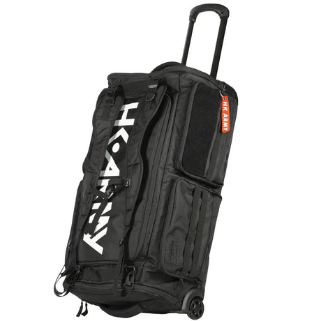 All Black with white logo HK Army Paintball Expand 75L Roller Gearbag Stealth with extended handle and wheels on a white background.