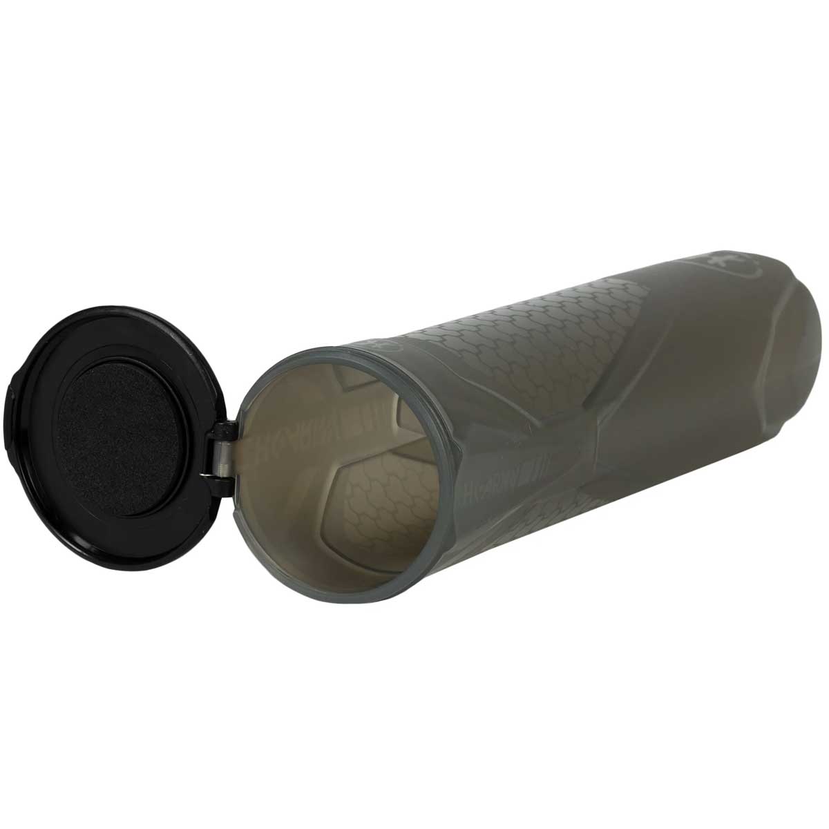 One open HK Army Apex 150 Round Paintball Pod in Light Smoke color on a white background