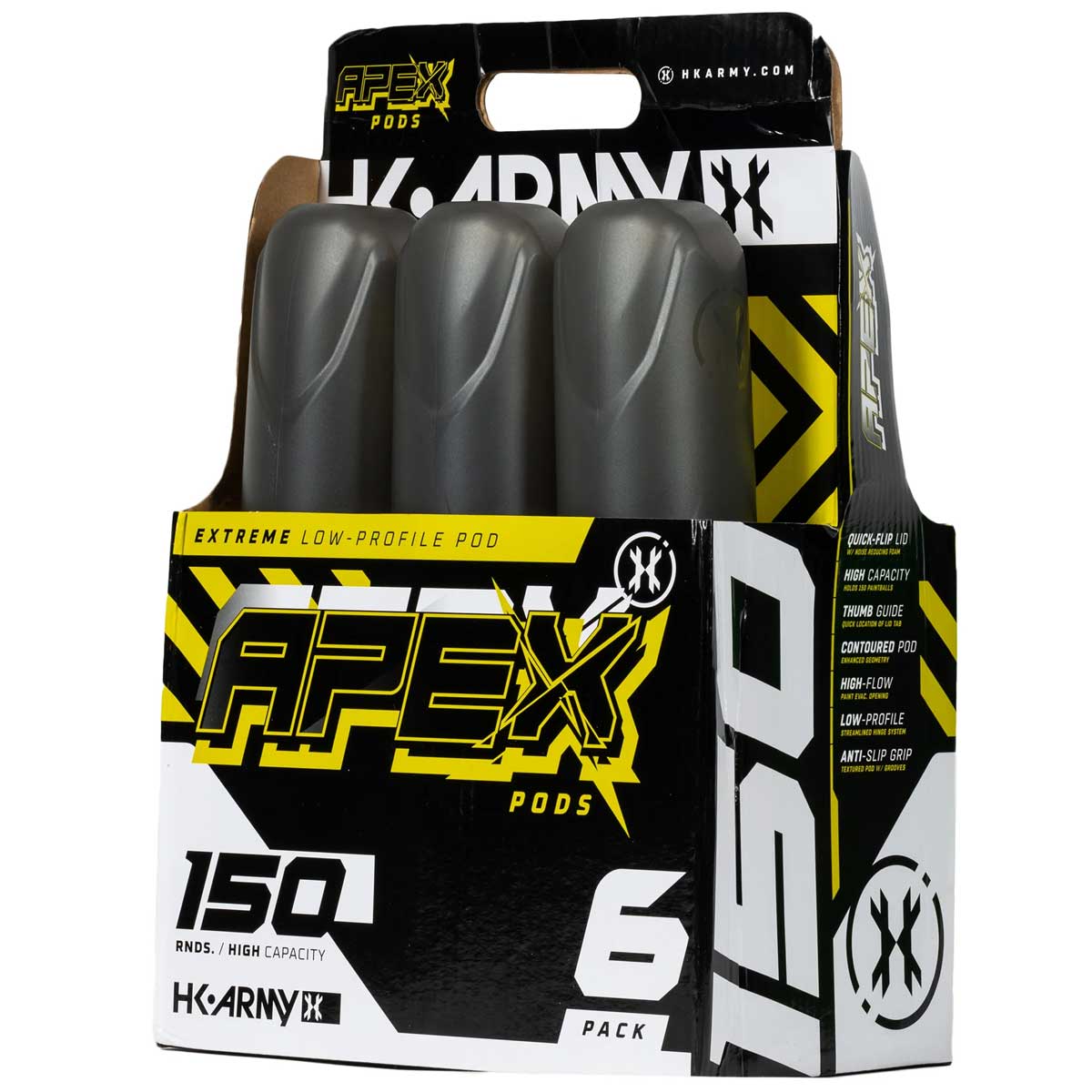 HK Army Apex 150 Round Paintball Pods in Light Smoke color in a cardboard package on a white background