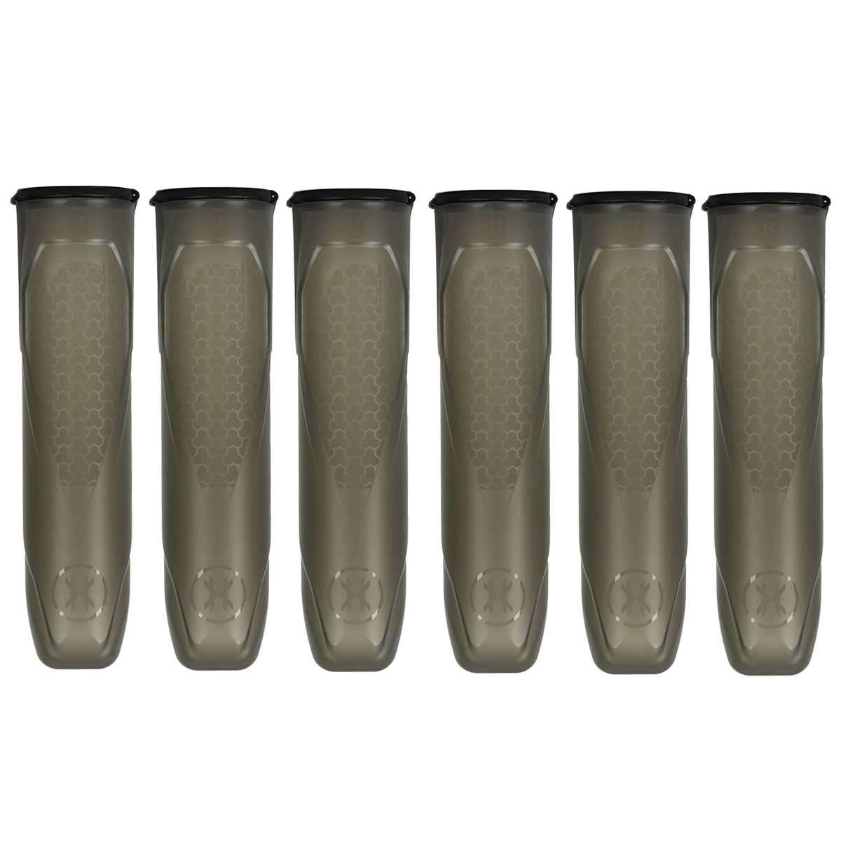 Six HK Army Apex 150 Round Paintball Pods in Light Smoke color on a white background