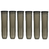 Six HK Army Apex 150 Round Paintball Pods in Light Smoke color on a white background