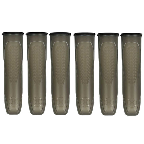 Six HK Army Apex 150 Round Paintball Pods in Light Smoke color on a white background