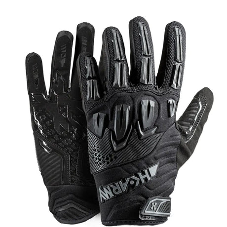 Pair of black HK Army Armored Hardline Full Finger Gloves Tactical for paintball, airsoft and other sports on a white background