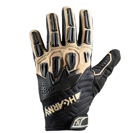Back of a black and tan paintball or airsoft HK Army Hardline Armored Full Finger Gloves Tactical gloves shown against a plain white background.