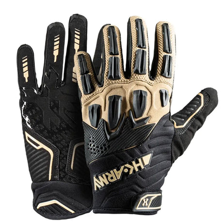 A pair of black and tan paintball or airsoft HK Army Hardline Armored Full Finger Gloves Tactical gloves shown against a plain white background, displaying both the back of one glove and the palm of the other.