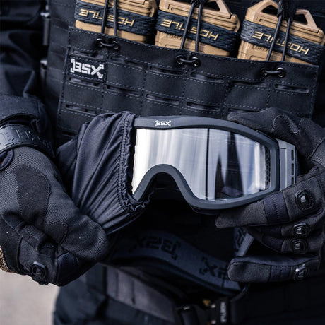 BSX Tango Airsoft Thermal Goggle with Multiple Lens shown coming out of fabric protective pouch.