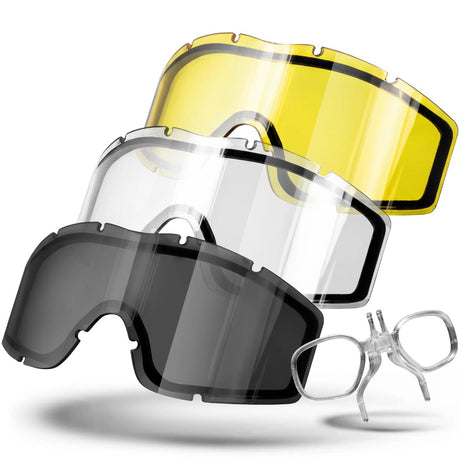 HK Army BSX Tango Airsoft Thermal Goggle with Multiple Lenses in smoke, clear and yellow lens options and prescription glasses lens insert, all on a white background.