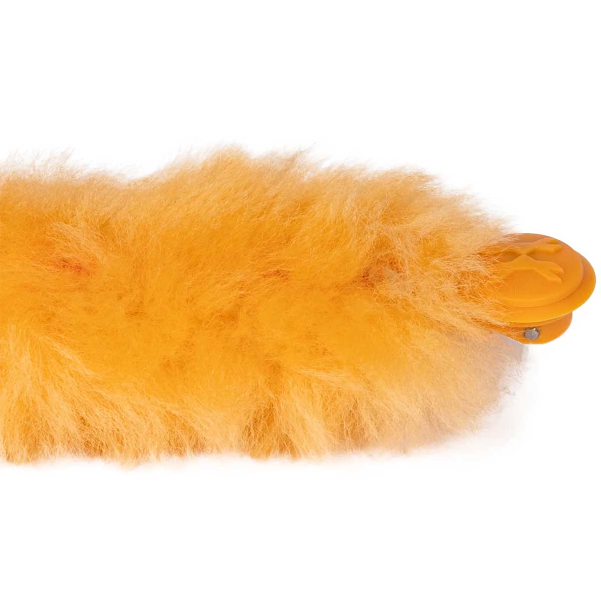 Close up of the hinge of Orange plush fuzzy HK Army Blade 2.0 Barrel Swab Orange for paintball on a plain white background.