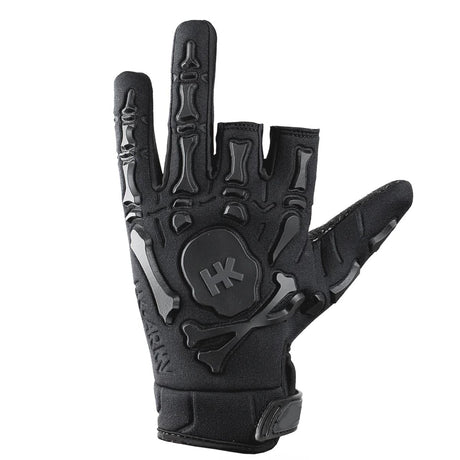 Single HK Army Bones Gloves Black for paintball and airsoft showing backside details on a white background.