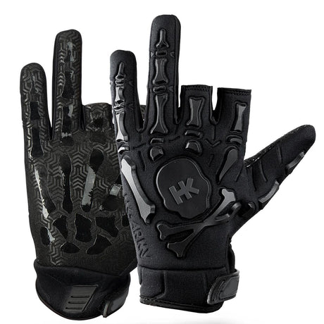 Pair of HK Army Bones Gloves Black for paintball and airsoft showing backside and palm details on a white background.