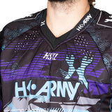 Close up neck and chest Back Purple, blue and Black HK Army HSTL Artic long sleeve Jersey on a white background