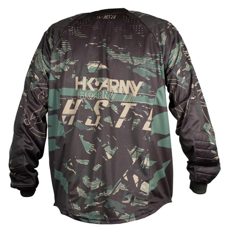 Back of Black green and tan HK Army HSTL Jersey Jungle Camo long sleeve on a white background