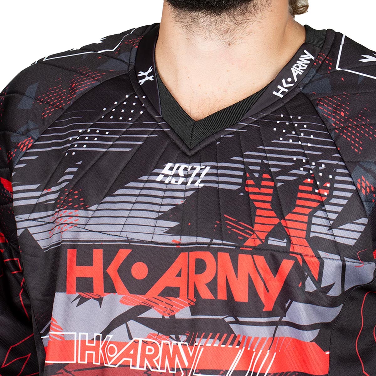 close up neck and chest Red, black, white and grey HK Army HSTL Lava long sleeve Jersey on a person