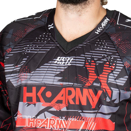 close up neck and chest Red, black, white and grey HK Army HSTL Lava long sleeve Jersey on a person