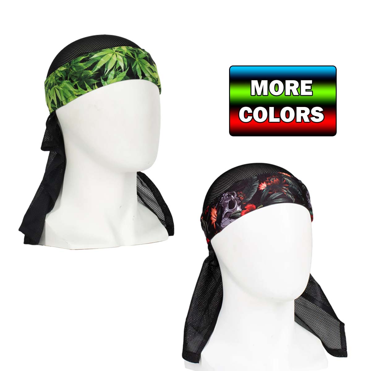 Set of HK Army headscarves on mannequin heads with 'More Colors' text overlay.