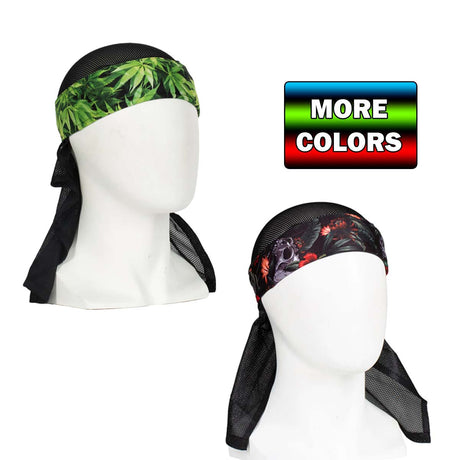 Set of HK Army headscarves on mannequin heads with 'More Colors' text overlay.