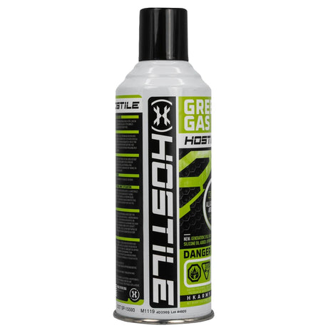 Side of HK Army Hostile Green Gas 8 ounce canister for airsoft and air powered launchers with green and black labeling on a white can