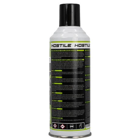 Back of HK Army Hostile Green Gas 8 ounce canister for airsoft and air powered launchers with green and black labeling on a white can