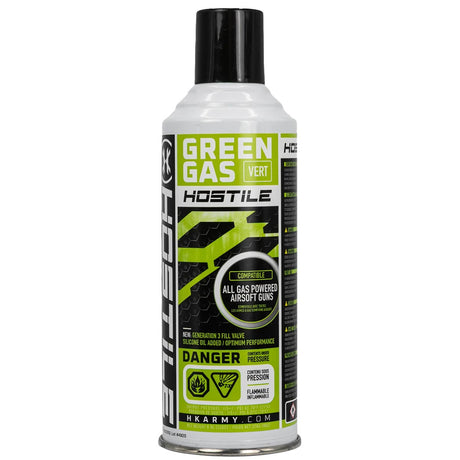 Front of HK Army Hostile Green Gas 8 ounce canister for airsoft and air powered launchers with green and black labeling on a white can