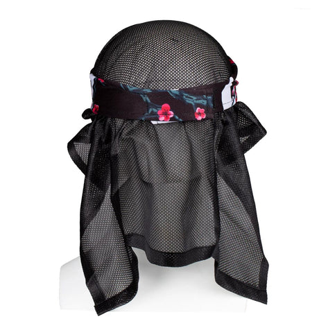 Back mesh HK Army Headwrap Blossom Black pink flowers on patterned headscarf on a mannequin head against a white background