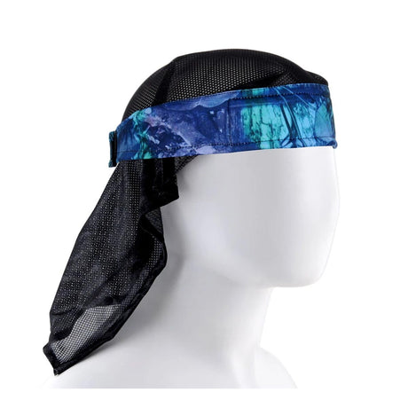 Side HK Army Headwrap Night Vision  blue and black patterned mesh headscarf on a mannequin head against a white background