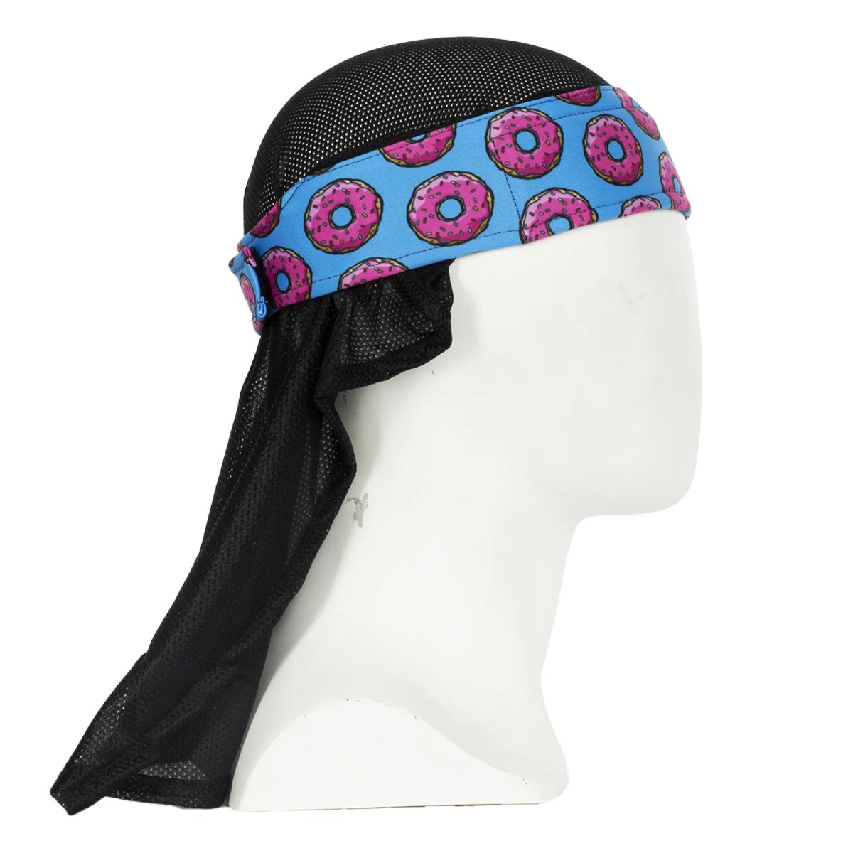 Side HK Army Headwrap Sprinkles pink donuts on a blue mesh headscarf on a mannequin head against a white background