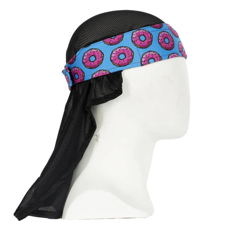 Side HK Army Headwrap Sprinkles pink donuts on a blue mesh headscarf on a mannequin head against a white background