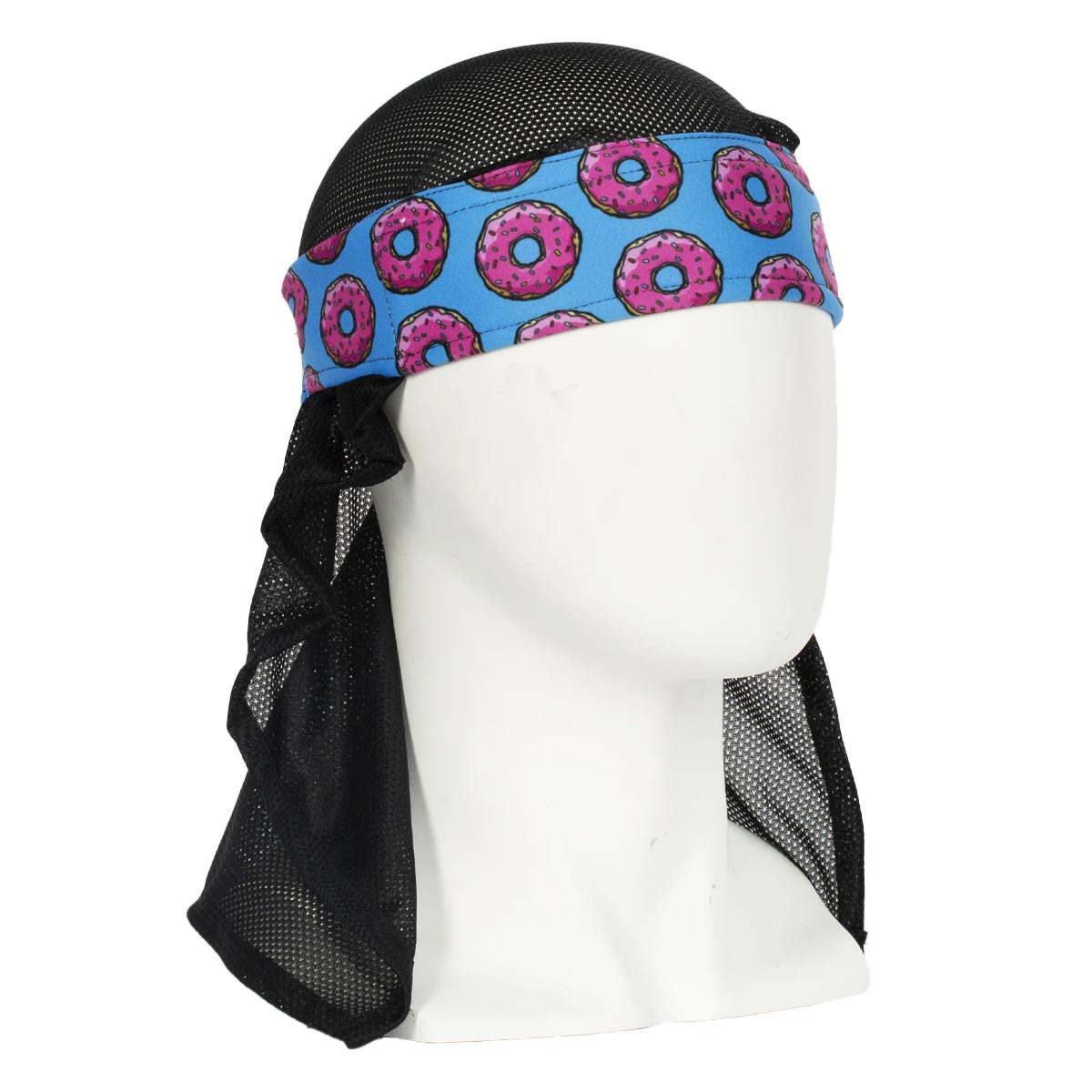 Front HK Army Headwrap Sprinkles pink donuts on a blue headscarf on a mannequin head against a white background