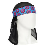 Front HK Army Headwrap Sprinkles pink donuts on a blue headscarf on a mannequin head against a white background