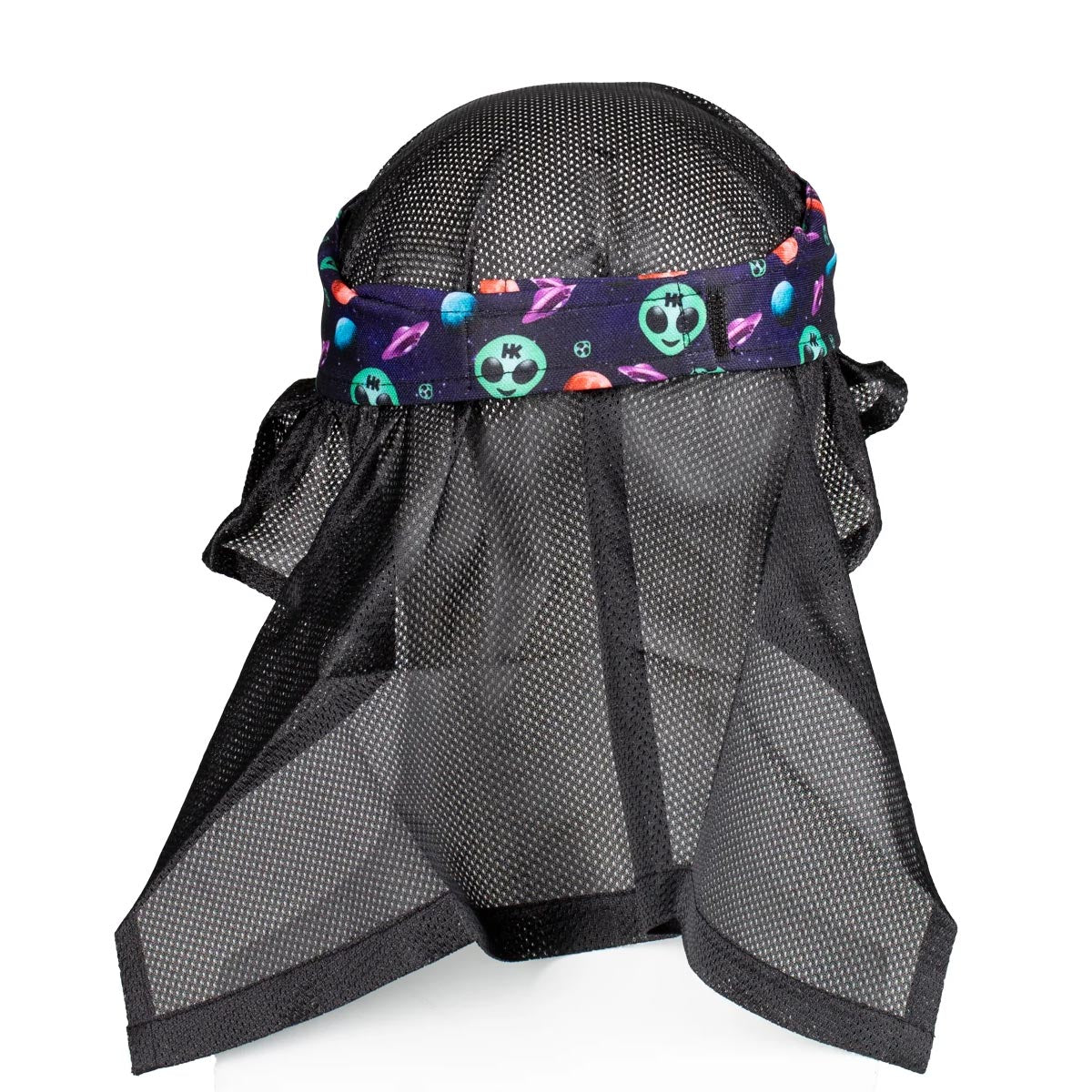 Back mesh of HK Army Headwrap UAP green aliens on a purple patterned headscarf on a mannequin head against a white background
