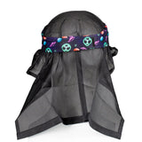 Back mesh of HK Army Headwrap UAP green aliens on a purple patterned headscarf on a mannequin head against a white background